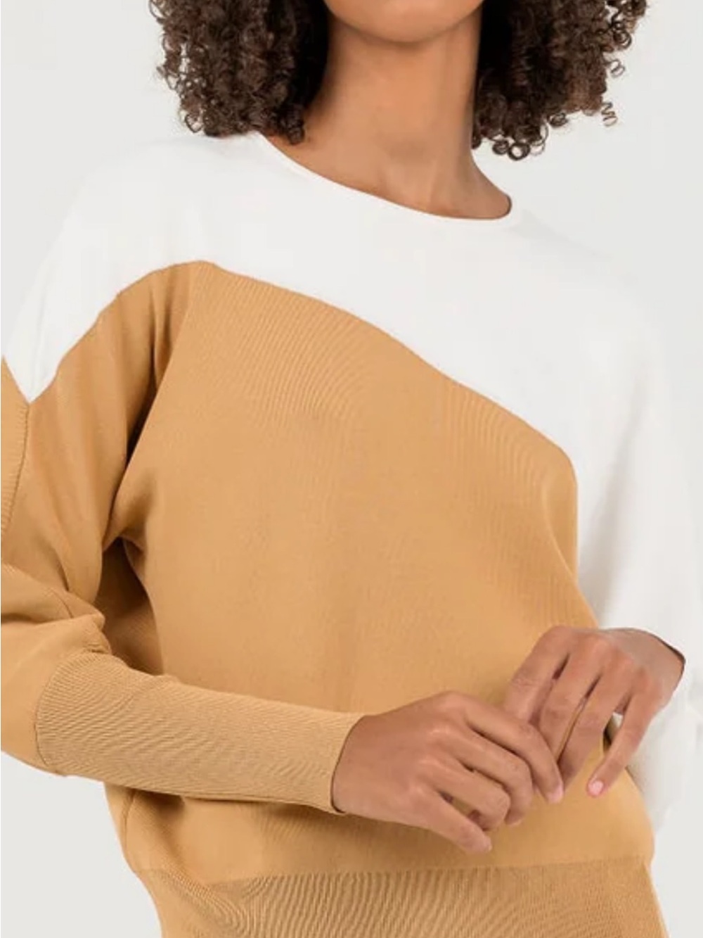 Colorblock Crewneck Sweater in White and Camel